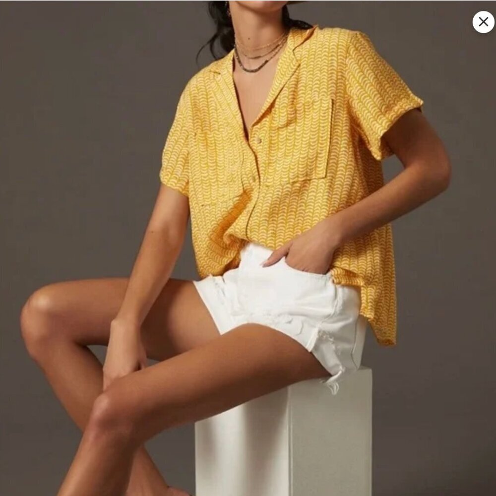 Maeve Anthropologie Yellow Split Back Shirt Size S Boxy Crop Short Sleeve Surf